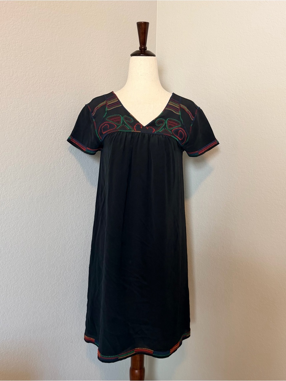 Madewell Embroidered Silk Colorstitch Dress Black XXS Boho